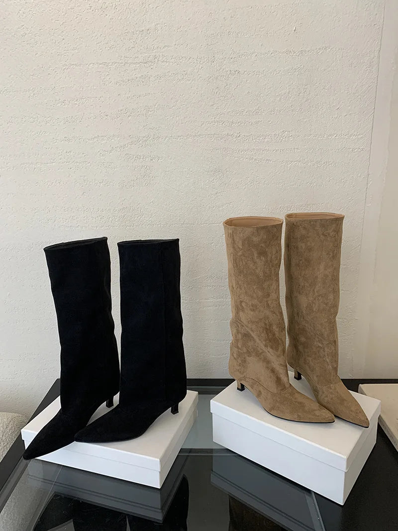 Street Style Pointed Toe Knee-High Boots Women Low Heels Shoes Female Long Booties Women Shoes