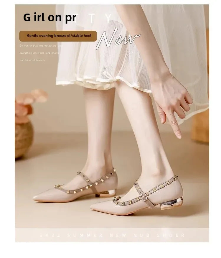 Elegant French Style Cropped Studded Flat Bottom Sandals Women's Summer Tweed Pattern Medial Vacancy Pointe Roman Design