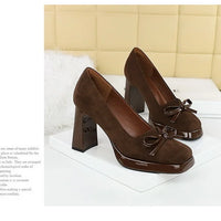 Chunky Block Heels Women Pumps Bow Decoration High Heels Square Headed Platform High Heels Suede Ladies Shoes