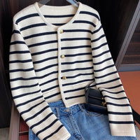 Chic Striped O Neck Sweaters Women Autumn Winter Korean Fashion Long Sleeve Knitwear Coats Single Breasted Knitted Cardigans Natalia Home Fashion    Natalia Home Fashion