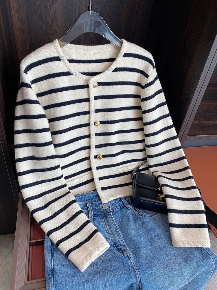 Chic Striped O Neck Sweaters Women Autumn Winter Korean Fashion Long Sleeve Knitwear Coats Single Breasted Knitted Cardigans Natalia Home Fashion    Natalia Home Fashion