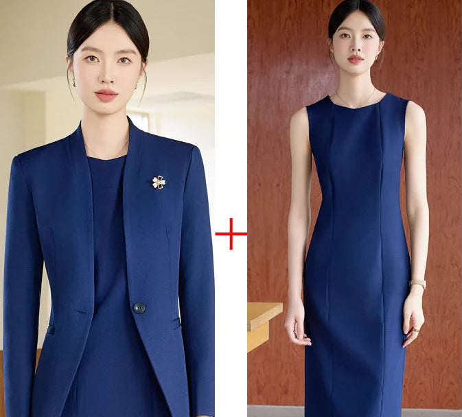 Elegant Professional Suit Dress Two-Piece Set Workwear Beauty Salon Uniform Long Sleeve Formal Outfit Polyester Fiber