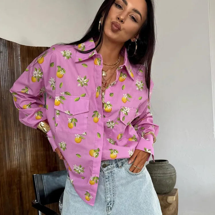 Fashion Loose Print Women's Shirt Casual Lapel Long Sleeve Shirts Elegant Classic Pockets Top Female Blouse