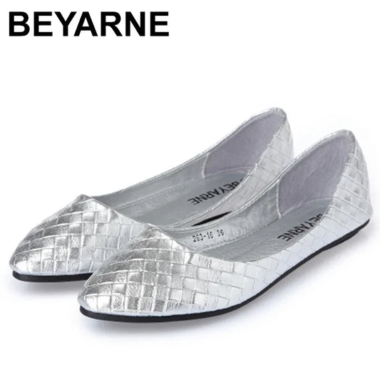 Ladies Ballet Flats Weaving Gold Silver Shoes Pointed Toe Breathable Slip-Ons Summer