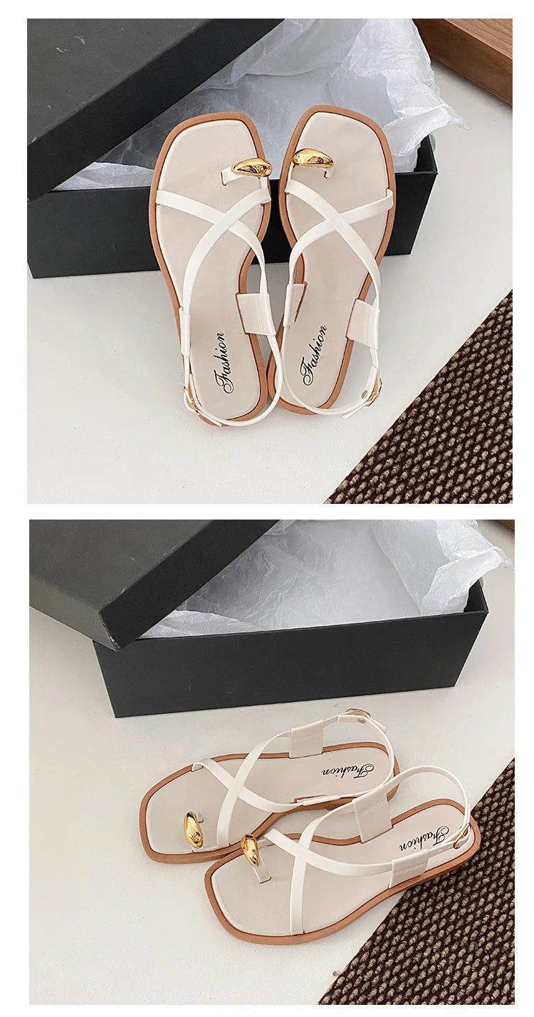 Women's Roman Style Toe-Over Sandals Flat Bottom Outdoor Wear Crossbody PVC Material Anti-Slip Low Heel Footwear