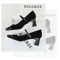 Leopard Print Women Pumps Suede Middle Heel Shoes Sexy Mary Jane Shoes Rhinestone Buckle Ladies Shoe Square Head