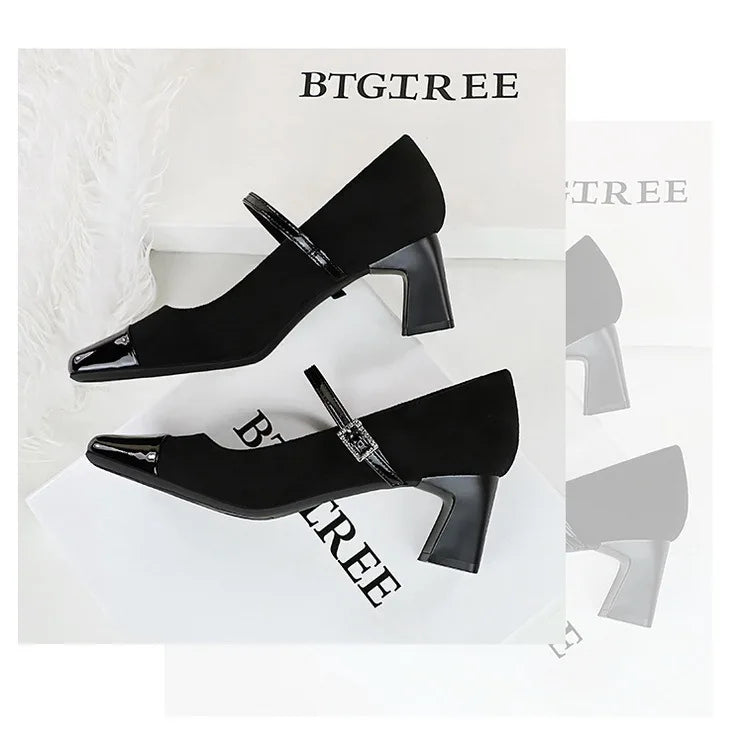 Leopard Print Women Pumps Suede Middle Heel Shoes Sexy Mary Jane Shoes Rhinestone Buckle Ladies Shoe Square Head