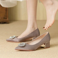 Soft Leather Black Pointed Toe Work Shoes Spring Autumn New Style Comfortable Thick Heel Professional Soft Bottom Shoes
