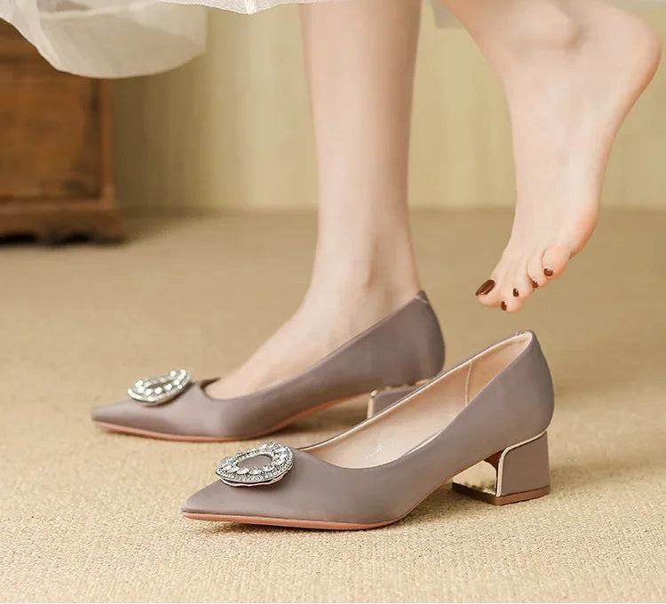 Soft Leather Black Pointed Toe Work Shoes Spring Autumn New Style Comfortable Thick Heel Professional Soft Bottom Shoes