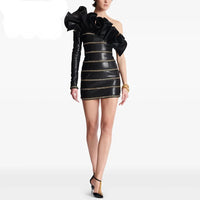 Elegant Socialite Fashion New Heavy Chain Three-Dimensional Ruffle Off-Shoulder Leather Dress Sexy Mini Dress
