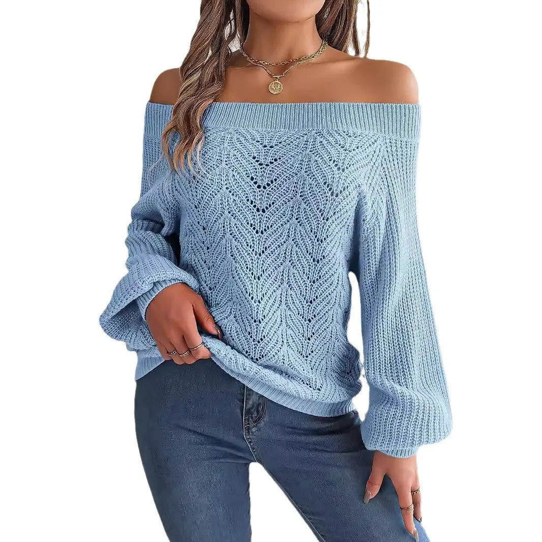 Casual Fashion Solid Color Hollow Out Sweater Off Shoulder Lantern Sleeve Knitted Pullover Women Clothes