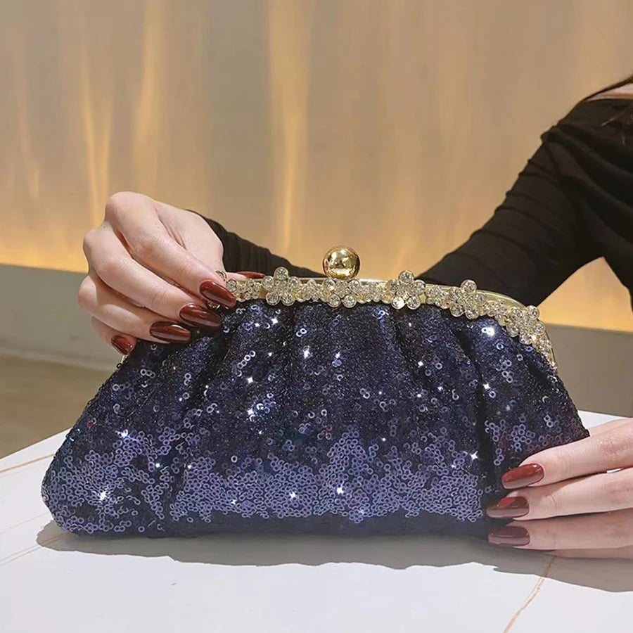 Fashion Sequins Bead Evening Bag Crystal Women Shell Clip Bags Blue Dinner Party Day Diamond Clutch Handbag Chains Shoulder Bags