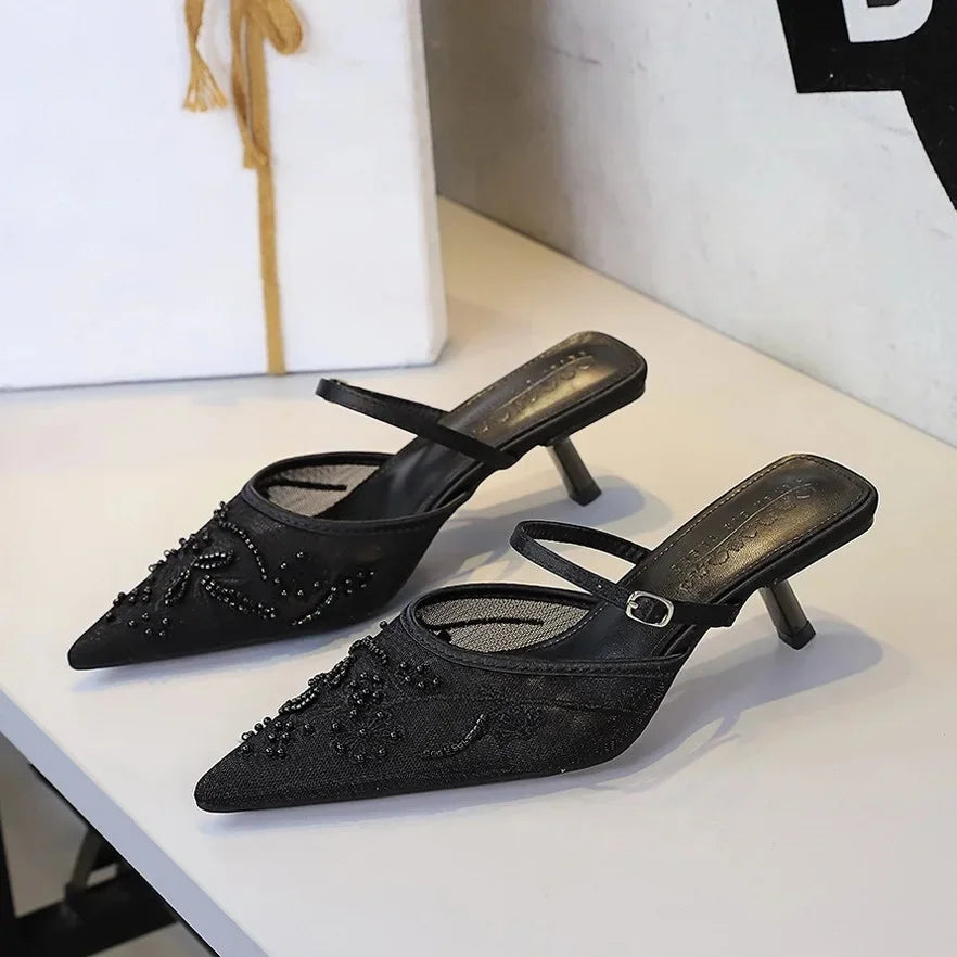 Sexy Embroidered Lace Mesh Slip-On Shoes with Fine Heel And Straps Hollow out Design for Women Fashionable Summer Slippers - Natalia Home Fashion