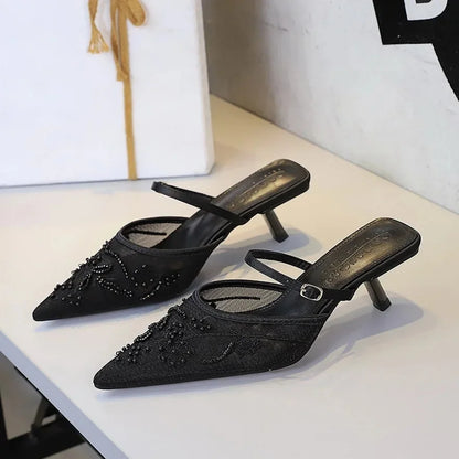 Sexy Embroidered Lace Mesh Slip-On Shoes with Fine Heel And Straps Hollow out Design for Women Fashionable Summer Slippers - Natalia Home Fashion