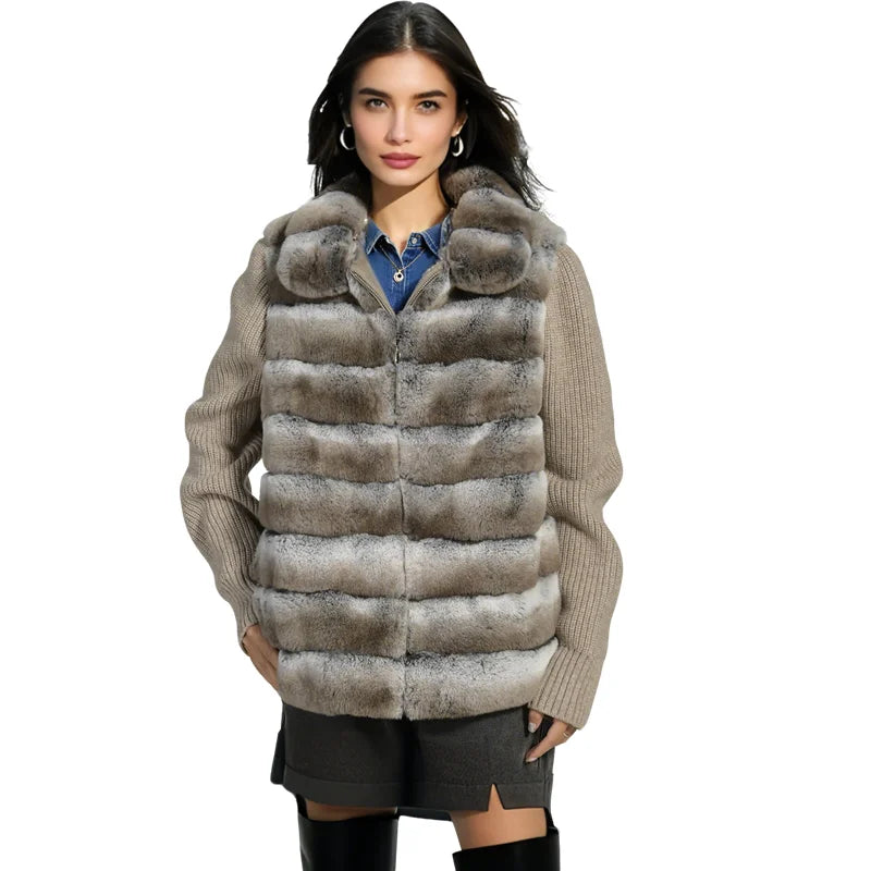 Real Rex Rabbit Fur Winter Coat Women Thick Warm Stand Collar Knitting Jacket Lady Fashion Outwear - Natalia Home Fashion