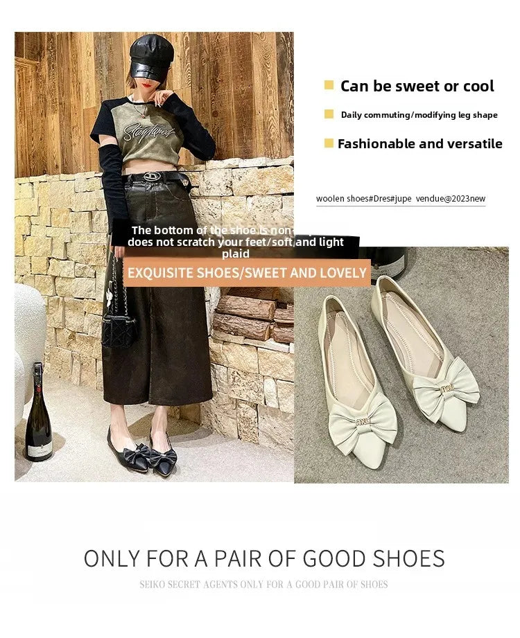 Soft Bottom Flat Casual Women's Shoes Butterfly Knot Slip-On Simple Design Shoes  Synthetic Leather