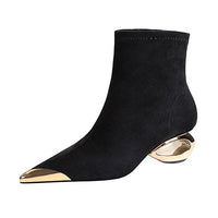 Street Style Fur Metal Hollow Heel Modern Faux Suede Short Boots for Women Metal Pointed Toe Low Heel Boots Female