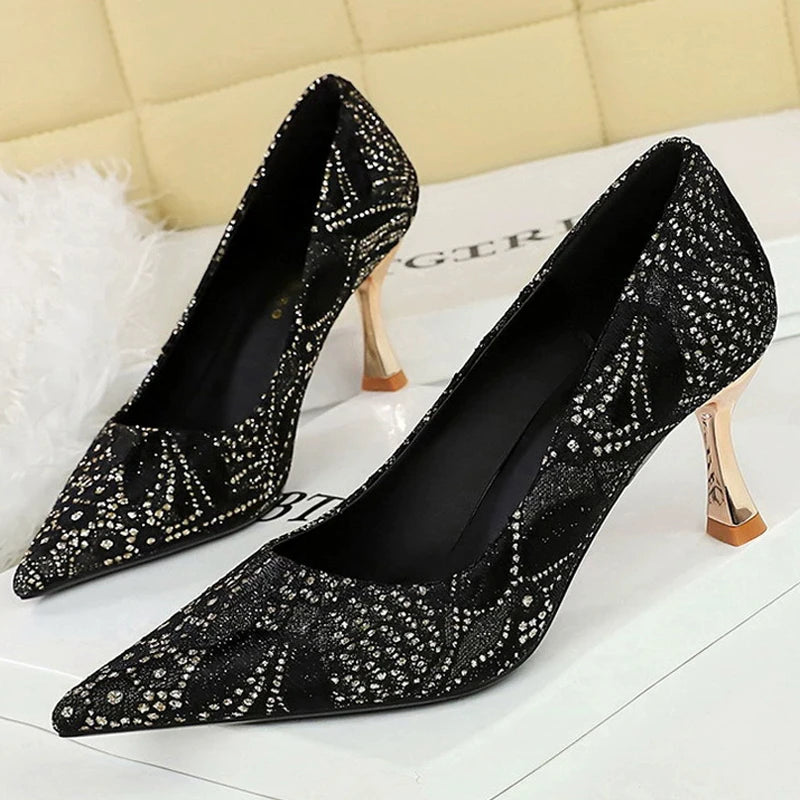 Shoes Lace glitter fabric women pumps Design Kitten heels Women shoes Female Occupation Office Shoes