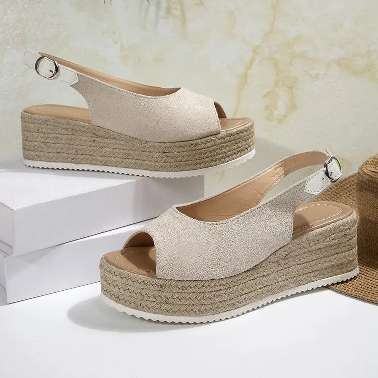 Women's Platform Sandals Summer New Large Size Fish Mouth Slope Heel Stones Pattern Shoes Thick Bottom Clog Casual Slip-On