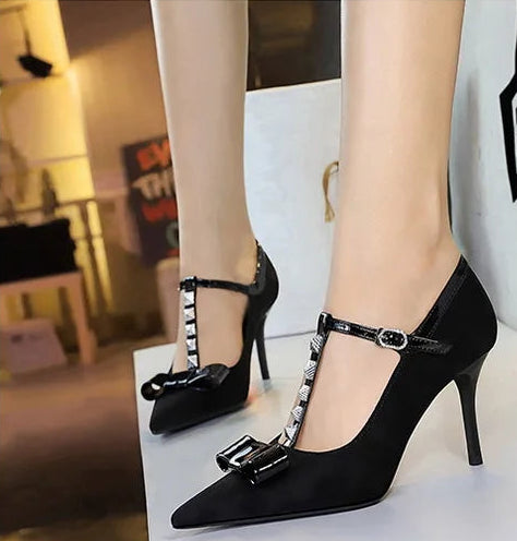 Banquet Bow Rivet T-button Pointed Head High Heel Women's Single Shoes