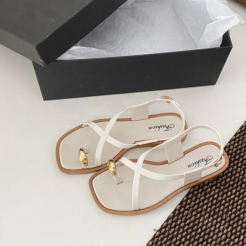 Women's Roman Style Toe-Over Sandals Flat Bottom Outdoor Wear Crossbody PVC Material Anti-Slip Low Heel Footwear