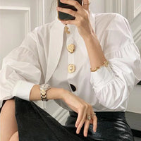 Chic Sharp Corner Collar Blouse Women Elegant Pearl Button White Shirt Ladies New Fashion Lantern Sleeve Shirts
