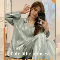 Striped Satin Pajamas Women Jacquard Loungewear Long Sleeve Trousers Two-Piece Set Solid Color Roll-Neck Cardigan Sleepwear