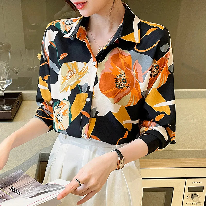 Vintage Style for Women Long Sleeve Flower Printed Spring Autumn semi formal Style Elegant Single Breasted Shirt