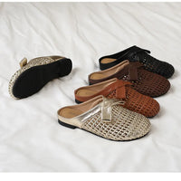 Versatile woven closed-toe sandals with bow and hollow-out design, new summer breathable soft-soled women's sandals