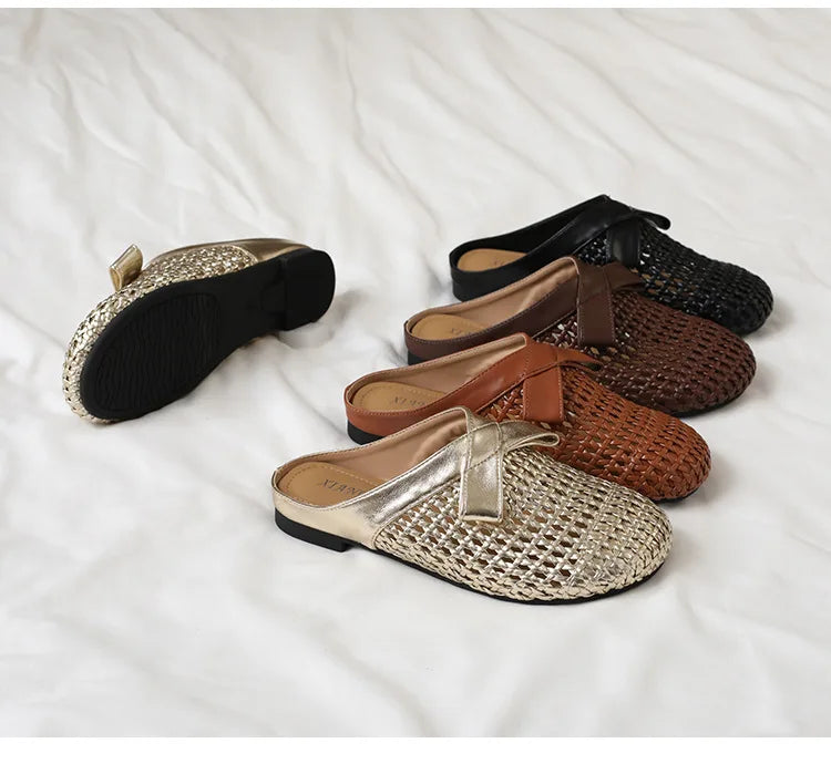 Versatile woven closed-toe sandals with bow and hollow-out design, new summer breathable soft-soled women's sandals