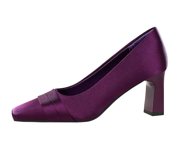 Elegant Satin High Heels Square Toe Slip-On Chunky Heel Comfortable Women's Shoes for Party Fashion Footwear Summer Autumn