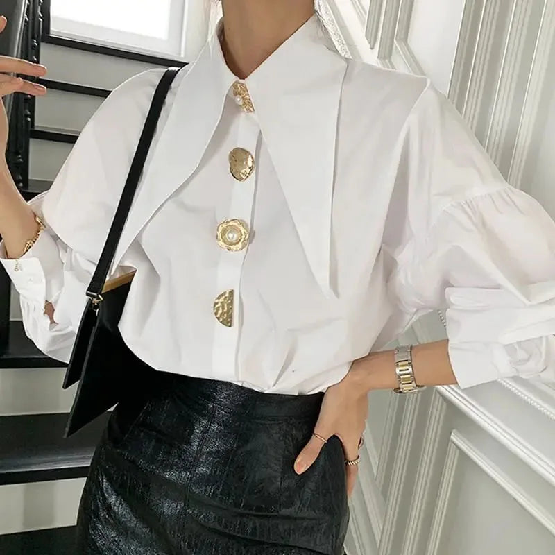 Chic Sharp Corner Collar Blouse Women Elegant Pearl Button White Shirt Ladies New Fashion Lantern Sleeve Shirts