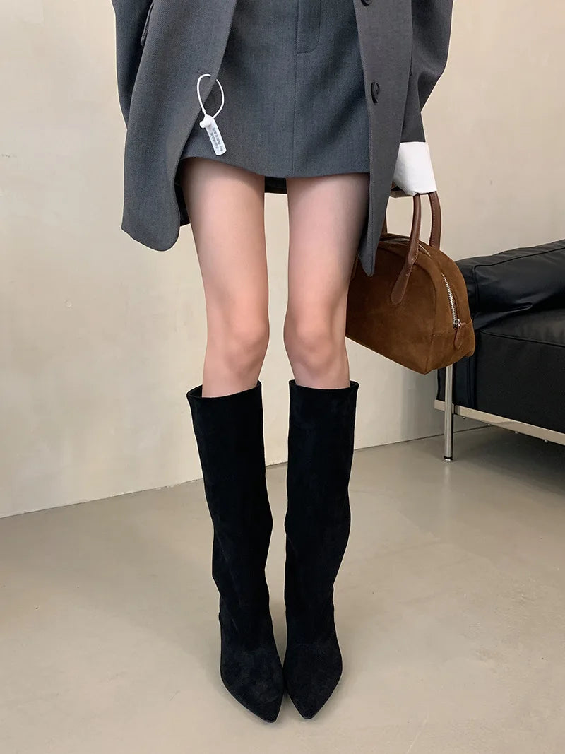 Street Style Pointed Toe Knee-High Boots Women Low Heels Shoes Female Long Booties Women Shoes