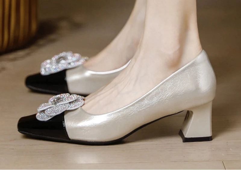 Rhinestone Camellia Flower Women's Shoes Square Toe Thick Heels 5cm Ladies Pumps Party Shoes