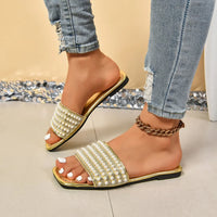 Women Luxury Pearl Slippers Square Toe Beach Flat Sandals Comfortable Non Slip Slippers  Slides Women