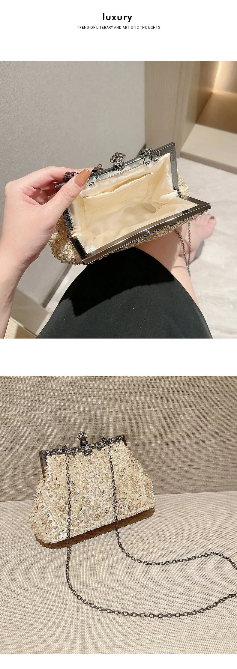 Pearl & Diamond Kiss Lock Clutch Bag Floral Handle Party Bag Metal Chain Cocktail Crossbody Bag