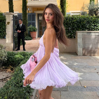 GG Purple Chiffon Backless Sleeveless Sundress Elegant Sexy Deep V Neck A-line Mini Dress Summer Beach Vacation Outfits Natalia Home Fashion    Natalia Home Fashion