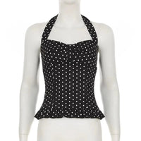Polka Dot Print Tops Women Halter Low-Neck Bandage Ruffles Backless Sleeveless Skinny Fashion Street Versatile Vest