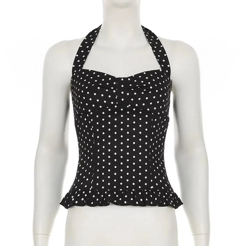 Polka Dot Print Tops Women Halter Low-Neck Bandage Ruffles Backless Sleeveless Skinny Fashion Street Versatile Vest
