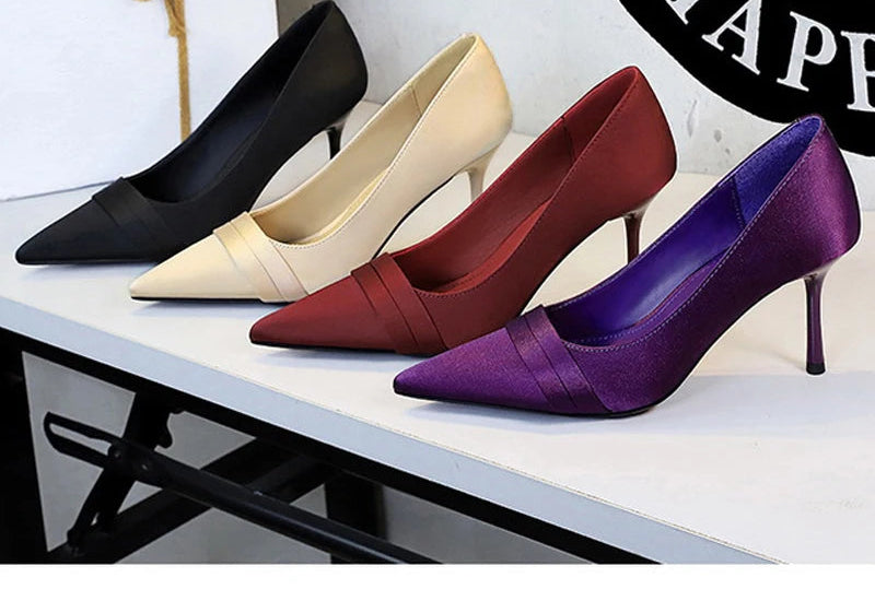Silk Pumps Pointed Toe Elegant Party Thin Heels Stripper Shoes