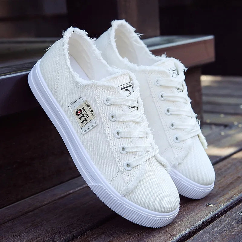 Women Canvas Sneaker Low Top Denim Sneakers Ladies Lace-Up Flat Canvas  Board Shoes Female