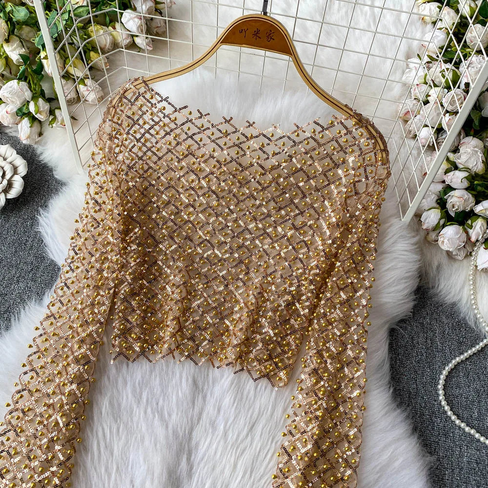 Women Plaids Sequined Embroidery Mesh Spliced T-shirt Slim High Waist Pearls Beaded Gauze Tees O-Neck Long Sleeved Crop Tops