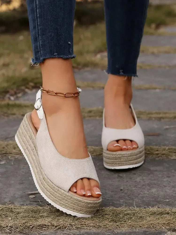 Women's Platform Sandals Summer New Large Size Fish Mouth Slope Heel Stones Pattern Shoes Thick Bottom Clog Casual Slip-On
