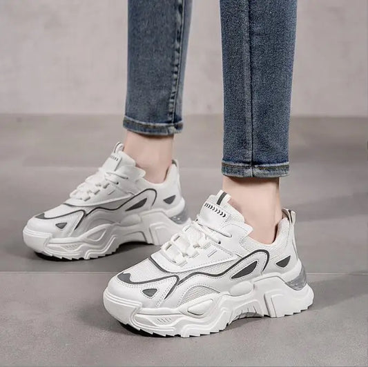 Casual Sporty Women's Shoes Fashion Versatile Thick Sole Increased Height Lightweight Breathable White Shoes