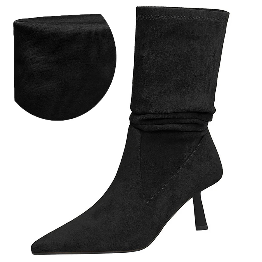 Women Pleated Elastic boots Woman Stiletto 6.5 CM High heel boots Suede Ankle boots Fashion Pointed short boots