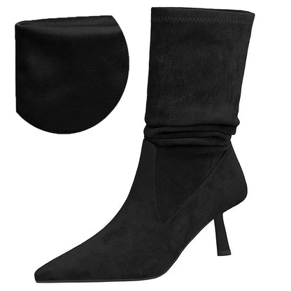 Women Pleated Elastic boots Woman Stiletto 6.5 CM High heel boots Suede Ankle boots Fashion Pointed short boots