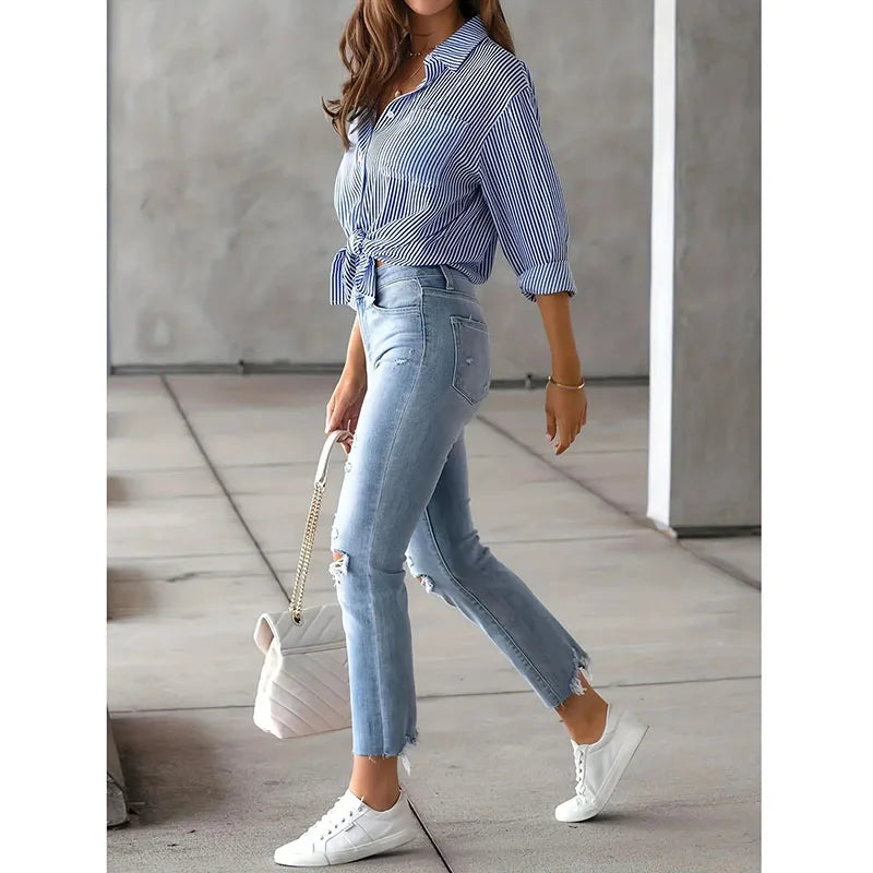 Classic Striped Shirt Women Streetwear Vintage Long Sleeve Blouses Female Casual Loose Single-Breasted Shirts