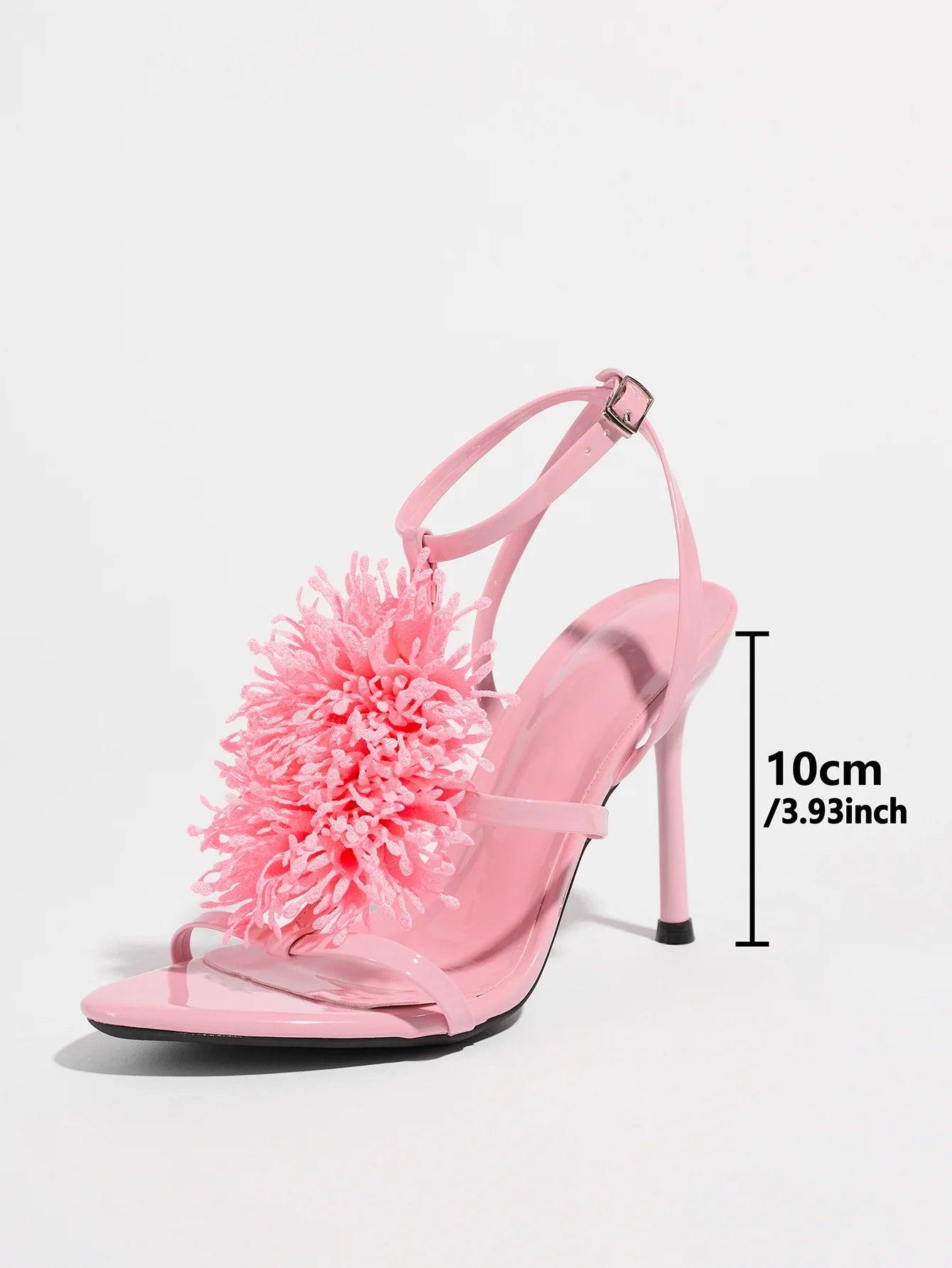 Ladies High Heel Sandals with 3D Fluffy Flower Decorations round Toe Thin Heel Spring Summer Night Club Fashionable Party Shoes