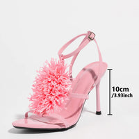 Ladies High Heel Sandals with 3D Fluffy Flower Decorations round Toe Thin Heel Spring Summer Night Club Fashionable Party Shoes