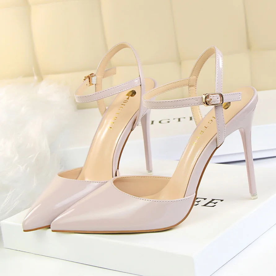 Women 10.5cm High Heels Sandals Lady Metallic Gray Patent Leather Stripper Ankle Strap Sandals Wedding Fetish Nightclub Shoes